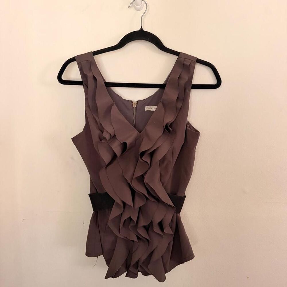 Alythea Taupe Ruffle Front Peplum Top Size M